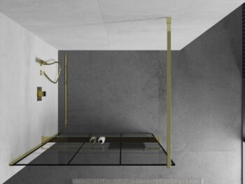 MEXEN/S - KIOTO Sprchová zástena WALK-IN s poličkou a držiakom uterákov 120 x 200, transparent/čierna 8 mm, zlatá 800-120-121-50-77