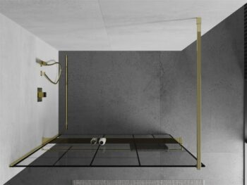 MEXEN/S - KIOTO Sprchová zástena WALK-IN s poličkou a držiakom uterákov 120 x 200, transparent/čierna 8 mm, zlatá 800-120-121-50-78