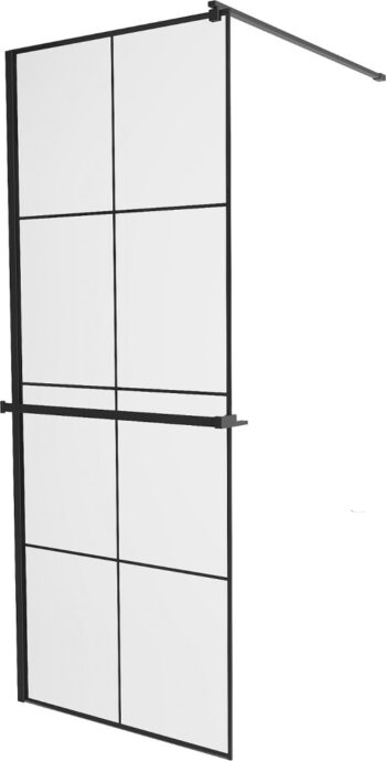 MEXEN/S - KIOTO Sprchová zástena WALK-IN s poličkou a držiakom uterákov 70 x 200, transparent/čierna 8 mm, čierna 800-070-121-70-77