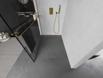 MEXEN/S - KIOTO Sprchová zástena WALK-IN s poličkou a držiakom uterákov 70 x 200, transparent/čierna 8 mm, zlatá 800-070-121-50-78
