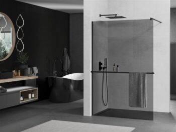MEXEN/S - KIOTO Sprchová zástena WALK-IN s poličkou a držiakom uterákov 80 x 200, grafit 8 mm, čierna 800-080-121-70-40