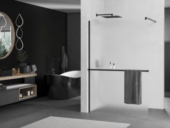 MEXEN/S - KIOTO Sprchová zástena WALK-IN s poličkou a držiakom uterákov 80 x 200, matné sklo 8 mm, čierna 800-080-121-70-30
