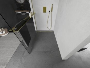 MEXEN/S - KIOTO Sprchová zástena WALK-IN s poličkou a držiakom uterákov 80 x 200, transparent 8 mm, zlatá 800-080-121-50-00