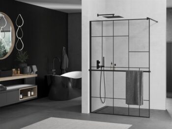 MEXEN/S - KIOTO Sprchová zástena WALK-IN s poličkou a držiakom uterákov 80 x 200, transparent/čierna 8 mm, čierna 800-080-121-70-78