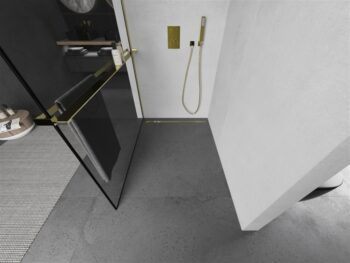 MEXEN/S - KIOTO Sprchová zástena WALK-IN s poličkou a držiakom uterákov 80 x 200, transparent/čierna 8 mm, zlatá 800-080-121-50-70