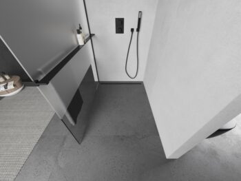 MEXEN/S - KIOTO Sprchová zástena WALK-IN s poličkou a držiakom uterákov 80 x 200, transparent/matné sklo 8 mm, čierna 800-080-121-70-35