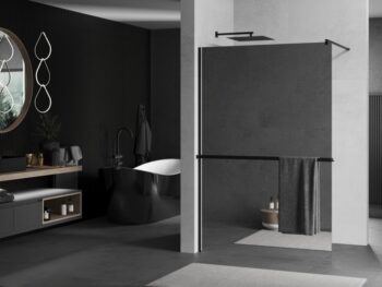MEXEN/S - KIOTO Sprchová zástena WALK-IN s poličkou a držiakom uterákov 80 x 200, zrkadlové 8 mm, čierna 800-080-121-70-50