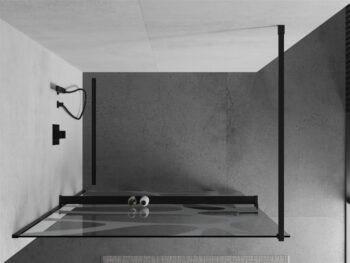 MEXEN/S - KIOTO Sprchová zástena WALK-IN s poličkou a držiakom uterákov 90 x 200, transparent/biely dekor 8 mm, čierna 800-090-121-70-97