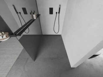 MEXEN/S - KIOTO Sprchová zástena WALK-IN s poličkou a držiakom uterákov 90 x 200, zrkadlové 8 mm, čierna 800-090-121-70-50
