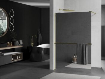 MEXEN/S - KIOTO Sprchová zástena WALK-IN s poličkou a držiakom uterákov 90 x 200, zrkadlové 8 mm, zlatá 800-090-121-50-50