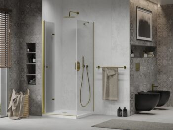 MEXEN/S - Lima sprchovací kút zalamovací 100x100, sklo transparent, zlatá + vanička 856-100-100-50-00-4010