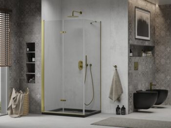 MEXEN/S - Lima sprchovací kút zalamovacie dvere 100 x 80, transparent, zlatý + Flat čierna vanička so sifónom 856-100-080-50-00-4070G
