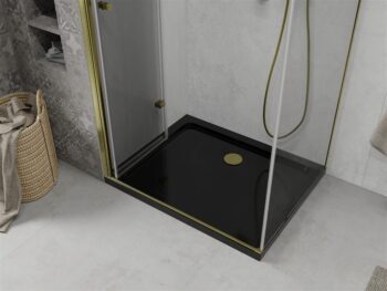 MEXEN/S - Lima sprchovací kút zalamovacie dvere 100 x 80, transparent, zlatý + Flat čierna vanička so sifónom 856-100-080-50-00-4070G