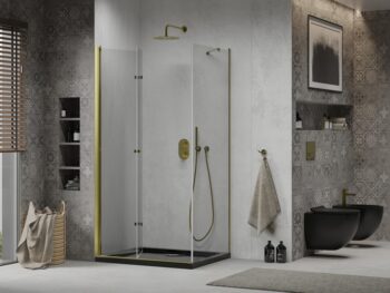 MEXEN/S - Lima sprchovací kút zalamovacie dvere 80 x 100, transparent, zlatý + Flat čierna vanička so sifónom 856-080-100-50-00-4070G