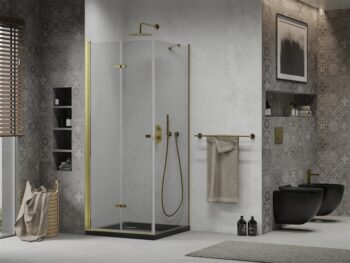MEXEN/S - Lima sprchový kút zalamovacie dvere 90 x 90, transparent, zlatý + Flat čierna vanička so sifónom 856-090-090-50-00-4070G