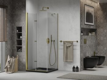 MEXEN/S - Lima sprchový kút zalamovacie dvere 90 x 90, transparent, zlatý + Flat čierna vanička so sifónom 856-090-090-50-00-4070G