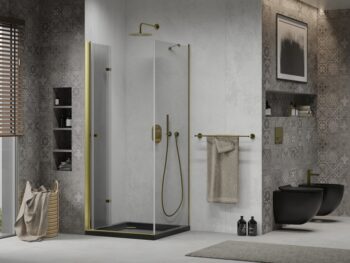 MEXEN/S - Lima sprchový kút zalamovacie dvere 90 x 90, transparent, zlatý + Flat čierna vanička so sifónom 856-090-090-50-00-4070G