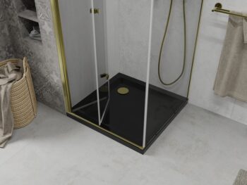MEXEN/S - Lima sprchový kút zalamovacie dvere 90 x 90, transparent, zlatý + Flat čierna vanička so sifónom 856-090-090-50-00-4070G
