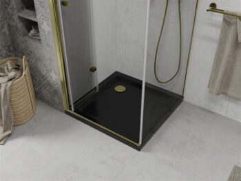 MEXEN/S - Lima sprchový kút zalamovacie dvere 90 x 90, transparent, zlatý + Flat čierna vanička so sifónom 856-090-090-50-00-4070G