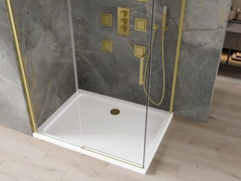 MEXEN/S - Omega obdĺžnikový sprchový kút 130x90, transparent, zlatý + vanička 825-130-090-50-00-4010