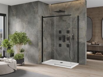 MEXEN/S - Omega sprchovací kút 140x80, transparent, čierna + biela vanička so sifónom 825-140-080-70-00-4010B