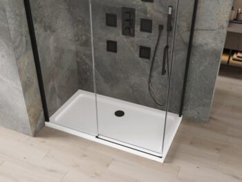 MEXEN/S - Omega sprchovací kút 140x80, transparent, čierna + biela vanička so sifónom 825-140-080-70-00-4010B