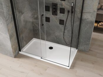 MEXEN/S - Omega sprchovací kút 140x80, transparent, čierna + biela vanička so sifónom 825-140-080-70-00-4010B