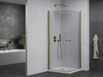 MEXEN/S - PRETORIA duo sprchovací kút 70 x 70, transparent, zlatá + vanička vrátane sifónu 852-070-070-50-02-4010G