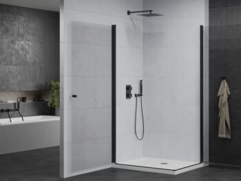 MEXEN/S - PRETORIA duo sprchovací kút 90 x 80, transparent, čierny + vanička vrátane sifónu 852-090-080-70-02-4010B