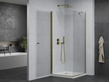MEXEN/S - Pretoria štvorcový sprchovací kút 90x90, transparent, zlatý + vanička 852-090-090-50-00-4010