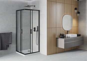 MEXEN/S - Rio sprchovací kút štvorec 90x90, transparent, čierna + biela vanička so sifónom 860-090-090-70-00-4010B