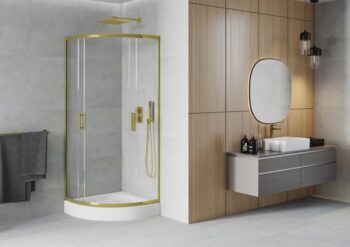 MEXEN/S - Rio sprchovací kút štvrťkruh 90 x 90, transparent, zlato + vanička Rio vrátane výpuste 863-090-090-50-00-4710