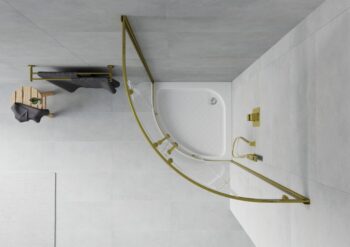 MEXEN/S - Rio sprchovací kút štvrťkruh 90 x 90, transparent, zlato + vanička Rio vrátane výpuste 863-090-090-50-00-4710