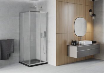 MEXEN/S - Rio štvorcový sprchovací kút 80 x 80, mráz, chróm + vanička so sifónom Flat, čierny 860-080-080-01-30-4070