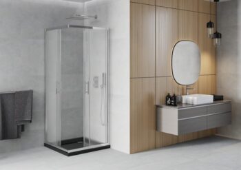 MEXEN/S - Rio štvorcový sprchovací kút 80 x 80, mráz, chróm + vanička so sifónom Flat, čierny 860-080-080-01-30-4070