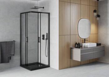 MEXEN/S - Rio štvorcový sprchovací kút 90 x 90, transparent, čierny + vanička so sifónom Flat, čierny 860-090-090-70-00-4070B