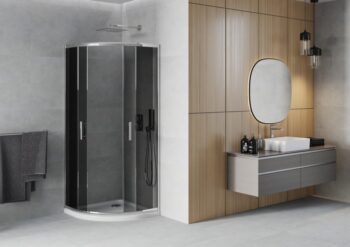 MEXEN/S - Rio štvrťkruhový sprchovací kút 80 x 80, grafit, chróm + vanička so sifónom Flat, biela 863-080-080-01-40-4110