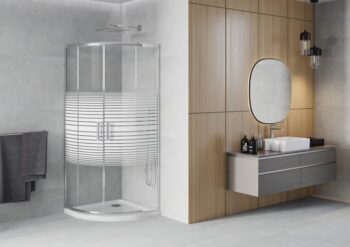 MEXEN/S - Rio štvrťkruhový sprchovací kút 80 x 80, pásy, chróm + vanička so sifónom Flat, biela 863-080-080-01-20-4110