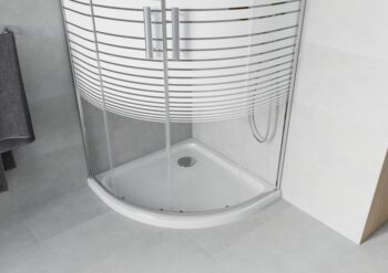 MEXEN/S - Rio štvrťkruhový sprchovací kút 80 x 80, pásy, chróm + vanička so sifónom Flat, biela 863-080-080-01-20-4110