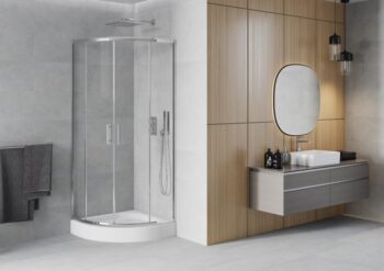 MEXEN/S - Rio štvrťkruhový sprchovací kút 80 x 80, transparent, chróm + vanička Rio 863-080-080-01-00-4710