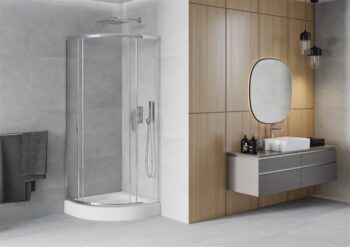 MEXEN/S - Rio štvrťkruhový sprchovací kút 80 x 80, transparent, chróm + vanička Rio 863-080-080-01-00-4710