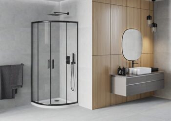 MEXEN/S - Rio štvrťkruhový sprchovací kút 90 x 90, transparent, čierny + vanička so sifónom Flat, biela 863-090-090-70-00-4110B