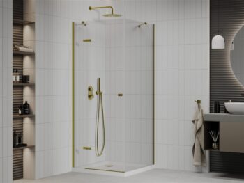 MEXEN/S - Roma sprchovací kút 80x80, kyvný, číre sklo, zlatý + vanička 854-080-080-50-00-4010