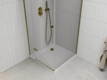 MEXEN/S - Roma sprchovací kút 80x80, kyvný, číre sklo, zlatý + vanička 854-080-080-50-00-4010