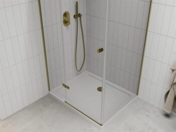 MEXEN/S - Roma sprchovací kút 90x80, kyvné, číre sklo, zlatý + vanička 854-090-080-50-00-4010