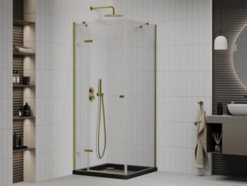 MEXEN/S - Roma sprchovací kút 90x90, transparent, zlatá + čierna vanička so sifónom 854-090-090-50-00-4070G