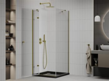 MEXEN/S - Roma sprchovací kút 90x90, transparent, zlatá + čierna vanička so sifónom 854-090-090-50-00-4070G