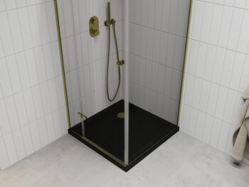 MEXEN/S - Roma sprchovací kút 90x90, transparent, zlatá + čierna vanička so sifónom 854-090-090-50-00-4070G