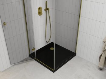 MEXEN/S - Roma sprchovací kút 90x90, transparent, zlatá + čierna vanička so sifónom 854-090-090-50-00-4070G