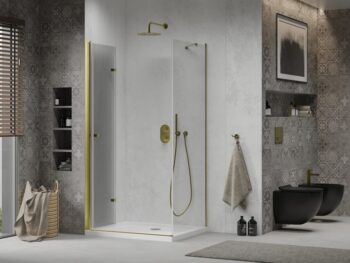 MEXEN/S - Sprchovací kút zalamovací Lima 100x80, číre sklo, zlatý + vanička 856-100-080-50-00-4010